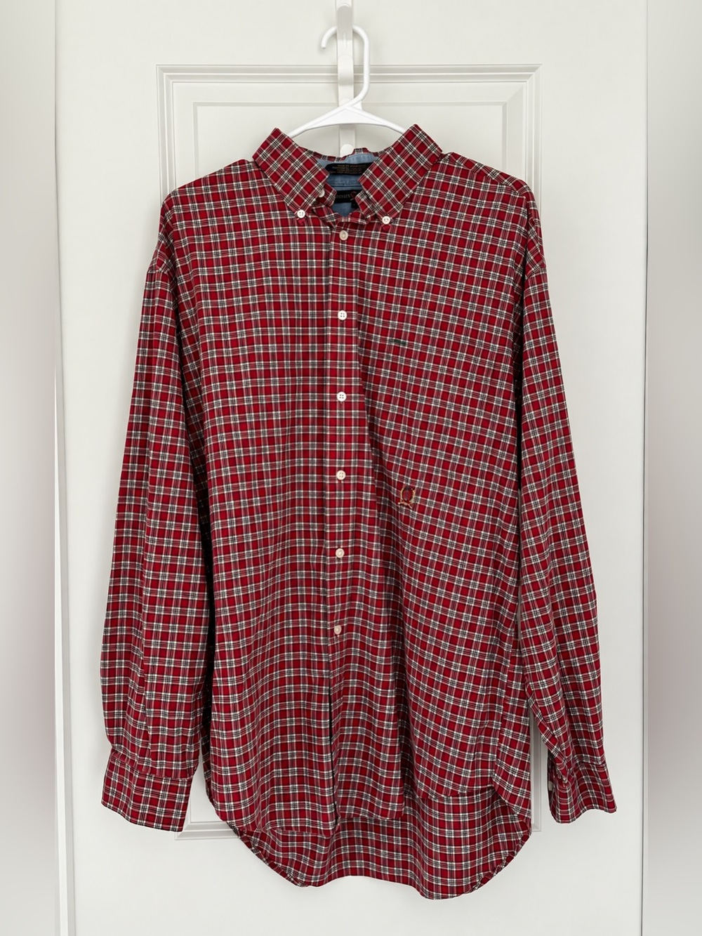 Vintage Tommy Hilfiger Men’s L Red Plaid Button-Down Shirt – 100% Cotton